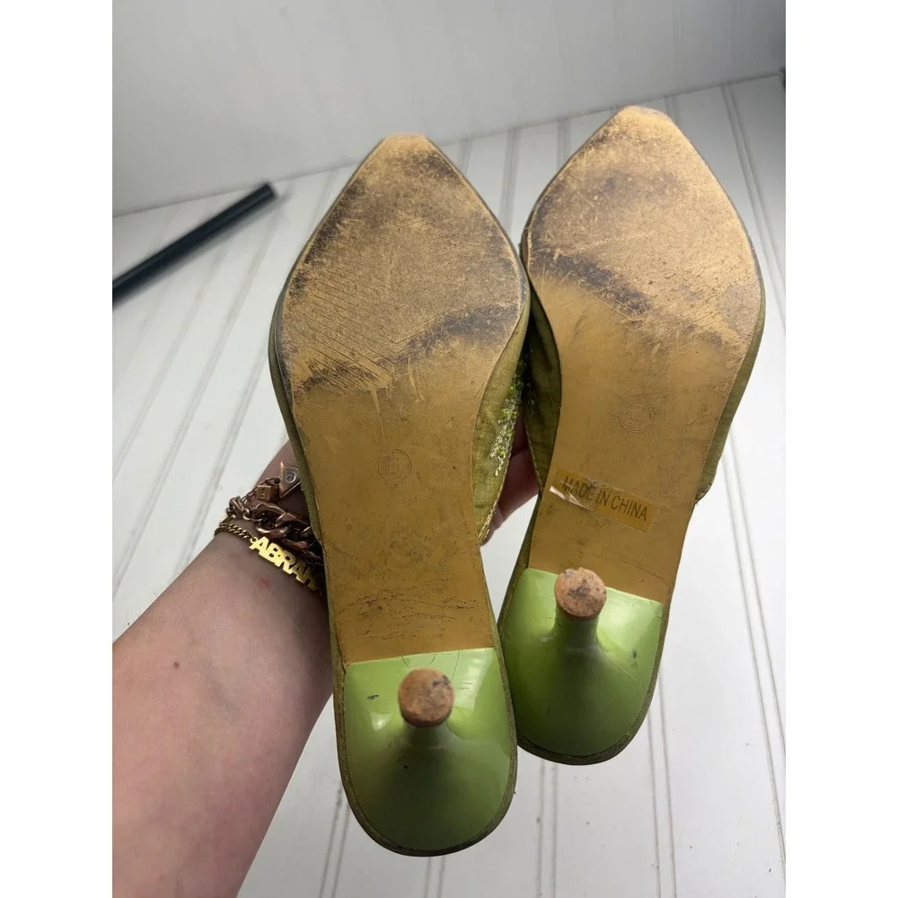 Anne Michelle Vintage Y2K Green Beaded Floral Satin Kitten Heels Women's Size 6